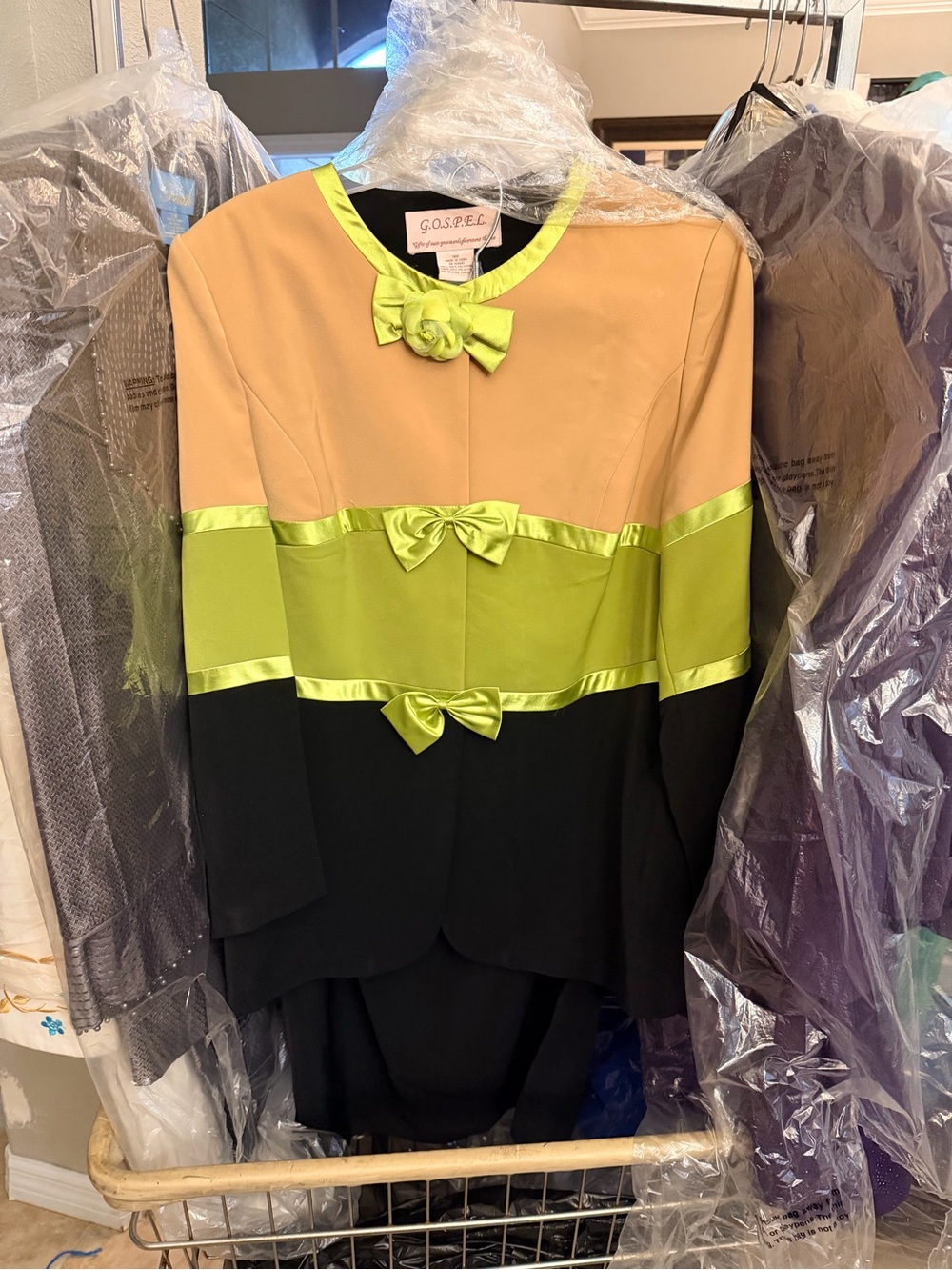 Colorblock Bow Accent Skirt Suit Set - Peach, Lime & Black